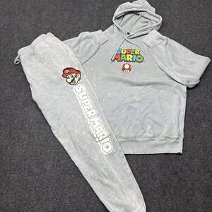 Nintendo Super Mario Mineral Wash Hoodie Sweatpants Set Gray Tracksuit Small